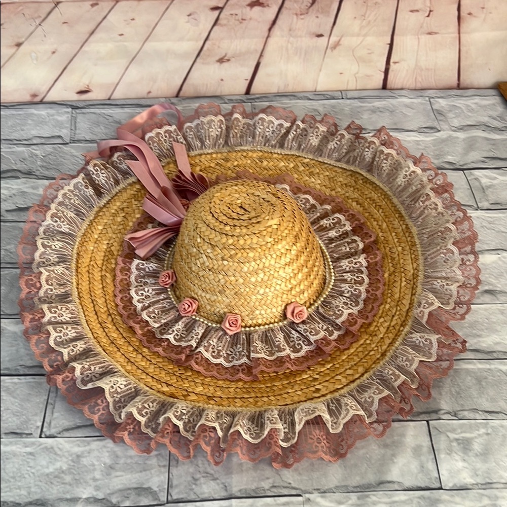 VINTAGE SHABBY CHIC STRAW HAT LACE PINK RIBBON ACCENT